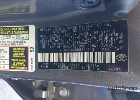 2024 Toyota Camry Se from USA, damaged, VIN 4T1G11AK0RU240443